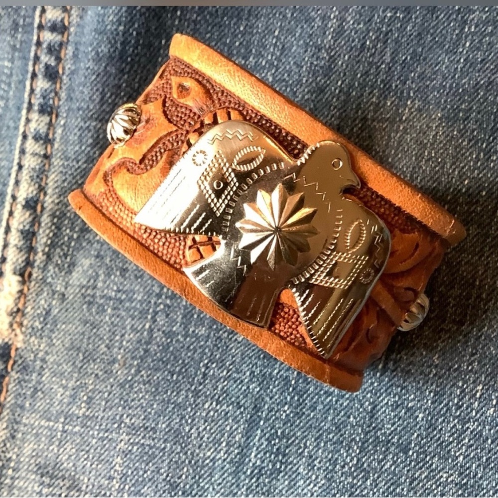 Handcrafted Brown Leather Cuff Bracelet with Etched Thunderbird